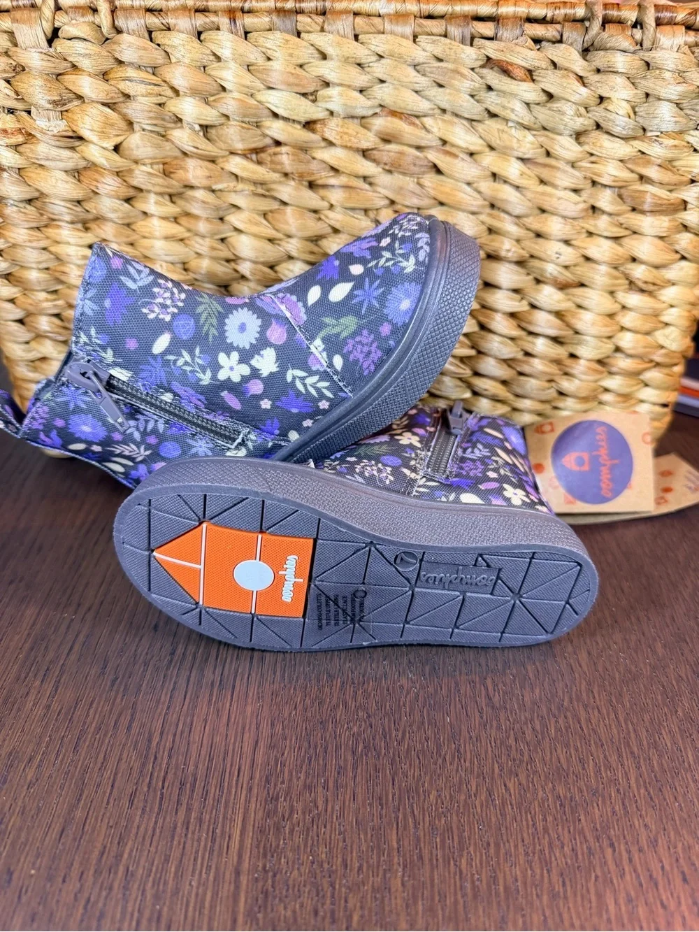 oomphies Purple Floral Toddler Ankle Boots with Heart and Buckle Accent